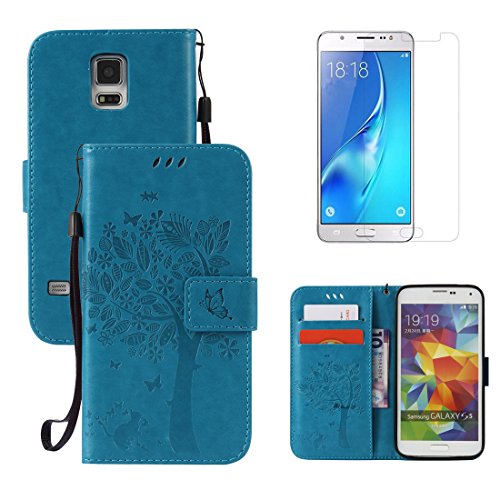 for Samsung Galaxy S5 / S5 Neo Wallet Case with Screen Protector ,OYIME [Blue Cute Cat and Butterfly Tree] Design Leather Kickstand Magnetic Holster with Card Holder Full Body Protective Flip Cover