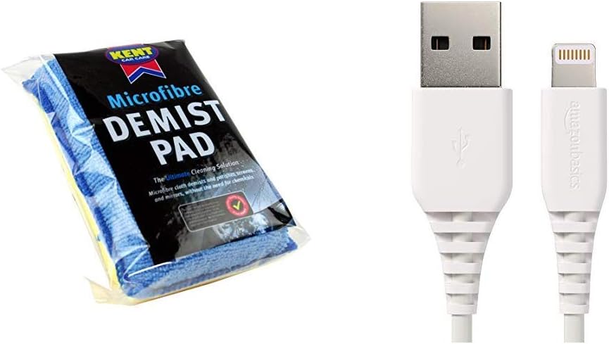 Kent Car Care Microfibre Demist Pad & AmazonBasics Lightning to USB A Cable with Apple MFi Certified-3 Feet (0.9 Meters), White - for iPhone XS Max X XR 8 7 6s 6 Plus SE 5 5s 5c, iPad, iPod