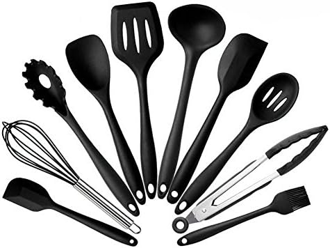 Silicone Kitchen Utensils 10 Sets, High Quality Heat-Resistant Non Stick Easy to Clean Kitchen Baking Set Cooking Set Cooking Utensils,Soup Spoon,Spatula (Black)