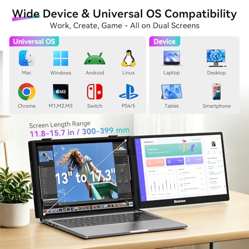 Blackview Laptop Screen Extender, 14" 1080P FHD IPS Portable Monitor, Ultra-Slim Travel Dual Monitor Fit for 13"-17.3" Laptops, USB-C Plug &Play Extended Screen for Windows/Mac/Android/Switch