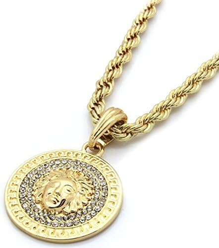 Gold Plated Mens Medallion Pattern Medusa Greek French Rope Chain Pendant Necklace