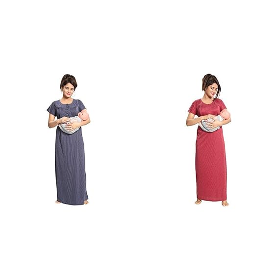 Women's Maternity Night Dress (Pack of 2)(NW0142_Item 1 Color Navy blue|Item 2 Color Red_free size)