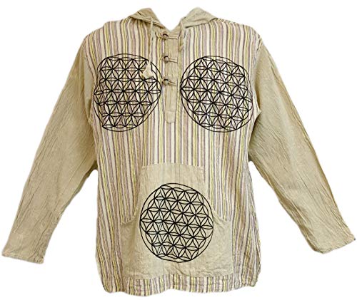 Siddartha Mens Tunic Handloomed Cotton 3-Wooden Button Loop Closure, Mandarin Collar (Small/Medium, Cream Hoodie)