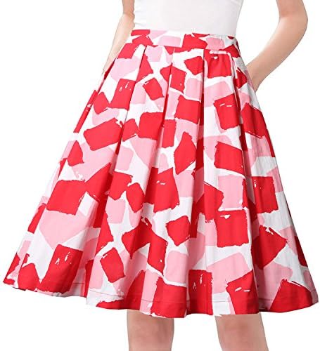 SOOPO Floral Prints High Waist Pleated A-Line Pleated Vintage Skirts for Women(Red,2XL)