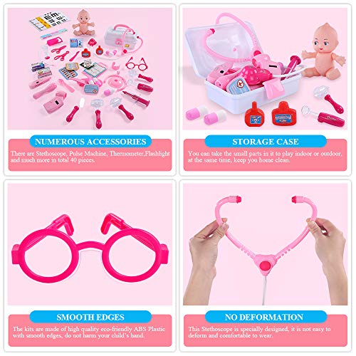 image for TEMI Doctor Medical Kit, 40 PCS Pretend Play Set w/ Doll n Carrying Ca