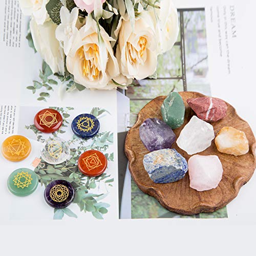 Chakra Stones,Natural Reiki Healing Crystal Chakra Stone Set Includes 7 Engraved Chakras,7 Chakra Raw Stones,Used for Yoga, Meditation, Zen, Aura Cleansing,Chakra Balance (7pcs-7pcs Raw Stones)