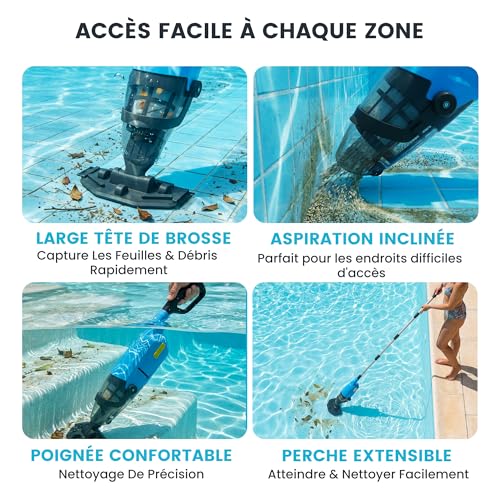 Cordless Pool Vacuum Cleaner, 60-90 Minute Runtime, 63 mm Telescopic Bar, Pool Cleaner with 4 Filters, Suction up to 4088 L/H, Ideal for Above Ground Pools