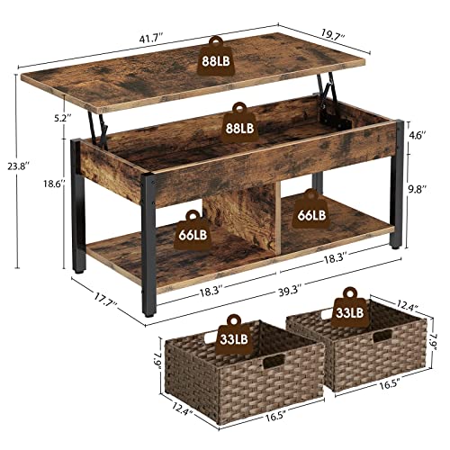 Rolanstar Coffee Table Lift Top with Hidden Storage Compartment and 2 Rattan Baskets, 41.7