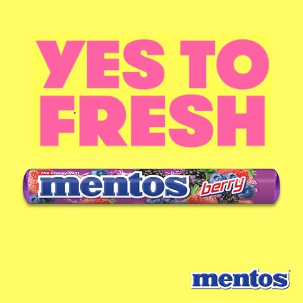 MENTOS CANDY, CHEWY CANDY MINT ROLL, BERRY FLAVORED, AMAZON EXCLUSIVE, PARTY, OFFICE, CONCESSIONS, 14 PIECES (BULK PACK OF 15 ROLLS)