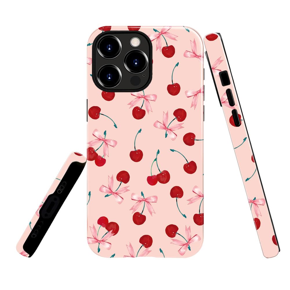 TnXee Case Compatible with iPhone 11 Pro Max,Fall Prevention Glossy Hybrid 2-Layer Hard Shell Cases for Girls Boys,Pink Cherry Bow