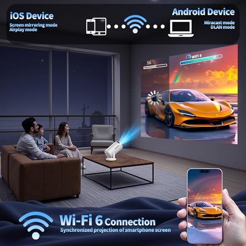 Mini Projector 4K 1080P Full HD Video Portable Projector Support with WiFi 6 & Bluetooth 5.2, Auto Keystone Adjustment Built-in Apps Smart with 270° Rotation for USB/TV Stick/HDMI-White