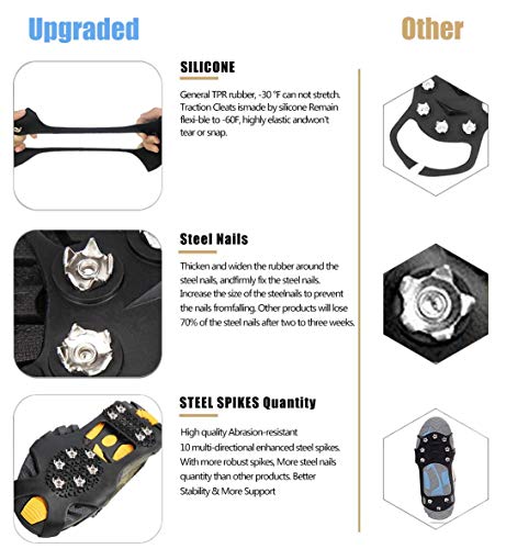 Pozlle Ice Grips,Updated VersionIce & Snow Grips Cleat Over Shoe/Boot,Traction Cleat Rubber Spikes Anti Slip 10 Steel Studs Crampons Slip-on Stretch Footwear