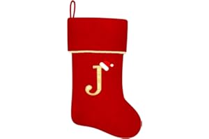 Subyan 20 Inches Initial Monogram Red Christmas Stocking, Personalized Large Embroidered Letter Velvet Christmas Stocking with Gold Trim Decoration for Family Christmas Holiday Party Decor(Letter J)
