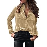 Chvity Velvet Tops for Women Vintage Long Sleeve Button Down Shirts Blouse for Pocket