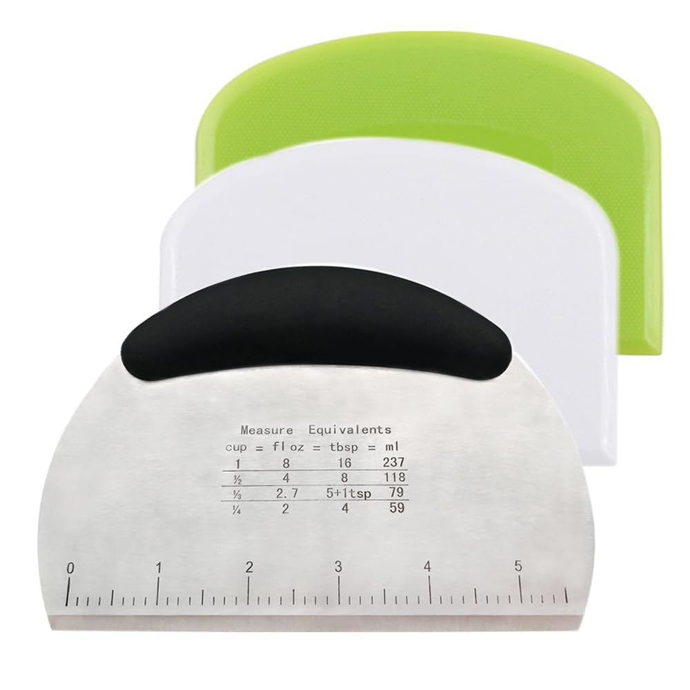 Dough Scraper, 3 Pcs Pastry Pizza Cutter Chopper with Handle and Measuring Scale, Stainless Steel