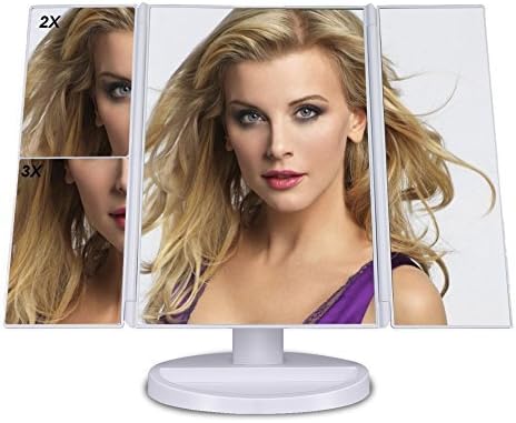 Tri-Fold Lighted Dimmable Makeup Mirror,Touch Screen Dual Power 2X 3X Magnifying Mirror Compact Led Light Vanity Mirrors Folding Illuminating Travel with 22 Lights(White,Black,Rose Gold) (White)