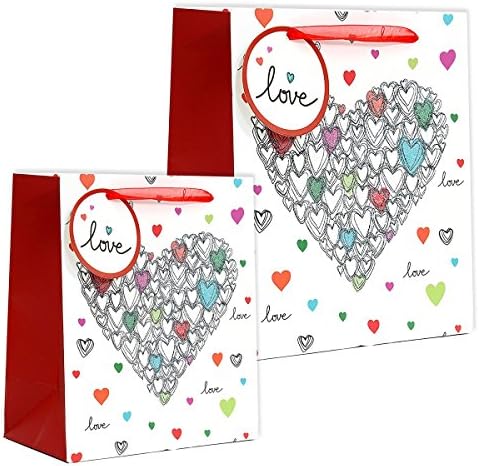 Romantic Gift Bags for Wedding, Valentines Day, Bridal Showers, &amp; Anniversary - Matte &amp; Glitter Hearts Gift Bags, White &amp; Multicolor, Medium &amp; Large, 2 Pack, 10 - 12.5"
