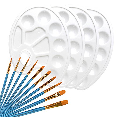 APLANET 4pcs Paint Tray Palette and 10 Nylon Hair Brushes