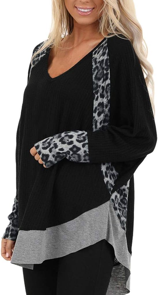 Women's Casual Hoodies Long Sleeve with Side Pockets Solid Color Sweater Leopard