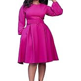 Elainone Women Long Sleeve A Line Dress with Belt Church Wedding Guest Semi Formal Office Dresses