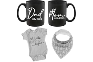 Tipit Drinkware Pregnancy Gift Est 2024 - New Mom and Daddy Est 2024 11 oz Black Mug Set with The Adventure Begins Onesie (0-3 Months) - Mom and Dad Gift Set for Expecting Parents to Be