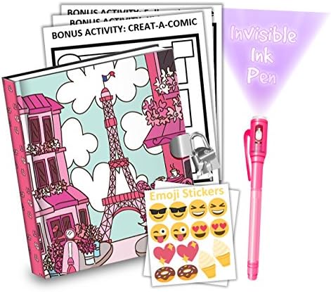 Pink Paris Kids Diary With Lock Includes 6.5 Inch Diary, Invisible Ink Pen, Stickers, &amp; Bonus Activity Pages