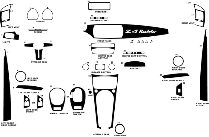 Rvinyl Rdash Dash Kit Decal Trim for BMW Z4 2003-2008 - Carbon Fiber 4D (Black)