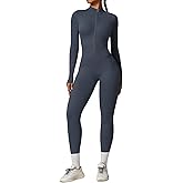 ECUPPER Women Long Sleeve Bodycon Jumpsuits Workout Zip Up Unitard One Piece Full Bodysuits Sexy Yoga Rompers Pants
