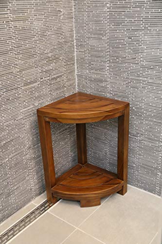 ALATEAK Corner Teak Wood Bath Spa Shower Stool Corner Table Bench Stool Fully Assembled Brown