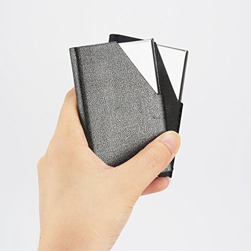 KISSWILL Business Card Holoders, 2 Pack PU Leather and Stainless Steel Business Card Case with Magnetic Shut, Business Card Wallet Credit Card Case for Men and Women (Gray/Black)