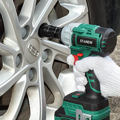 STANEW 320Nm Brushless Cordless Impact Wrench 20 V, Electric Impact Nutrunner with Two 3.0Ah Batteries, Adjustable Torque, Box with 49 Pieces Accessories