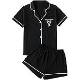 LYANER Women's Pajamas Set Heart Print Button Short Sleeve Shirt with Shorts Sleepwear PJs Set