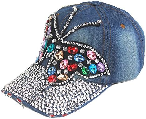 Naray Bling Rhinestone Butterfly Washed Cap Net/Swan Pattern Denim Hat (Blue)