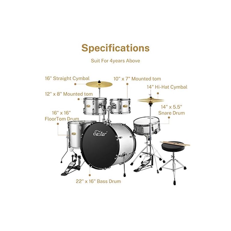 Drum Set Eastar 22 inch for Adults, 5 Piece Full Size Drum Kit Junior