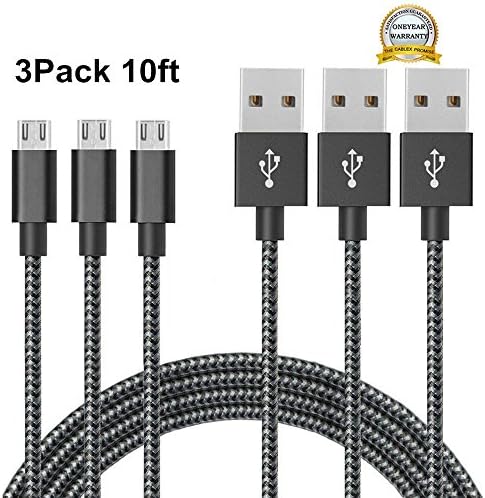 Micro USB Charger, KMISS 3 Pack 10 Ft Nylon Braided USB 2.0 A Male to Micro B Data Sync and Charging Cable Cord For Android Samsung HTC Nokia Sony LG and More (Black+White)
