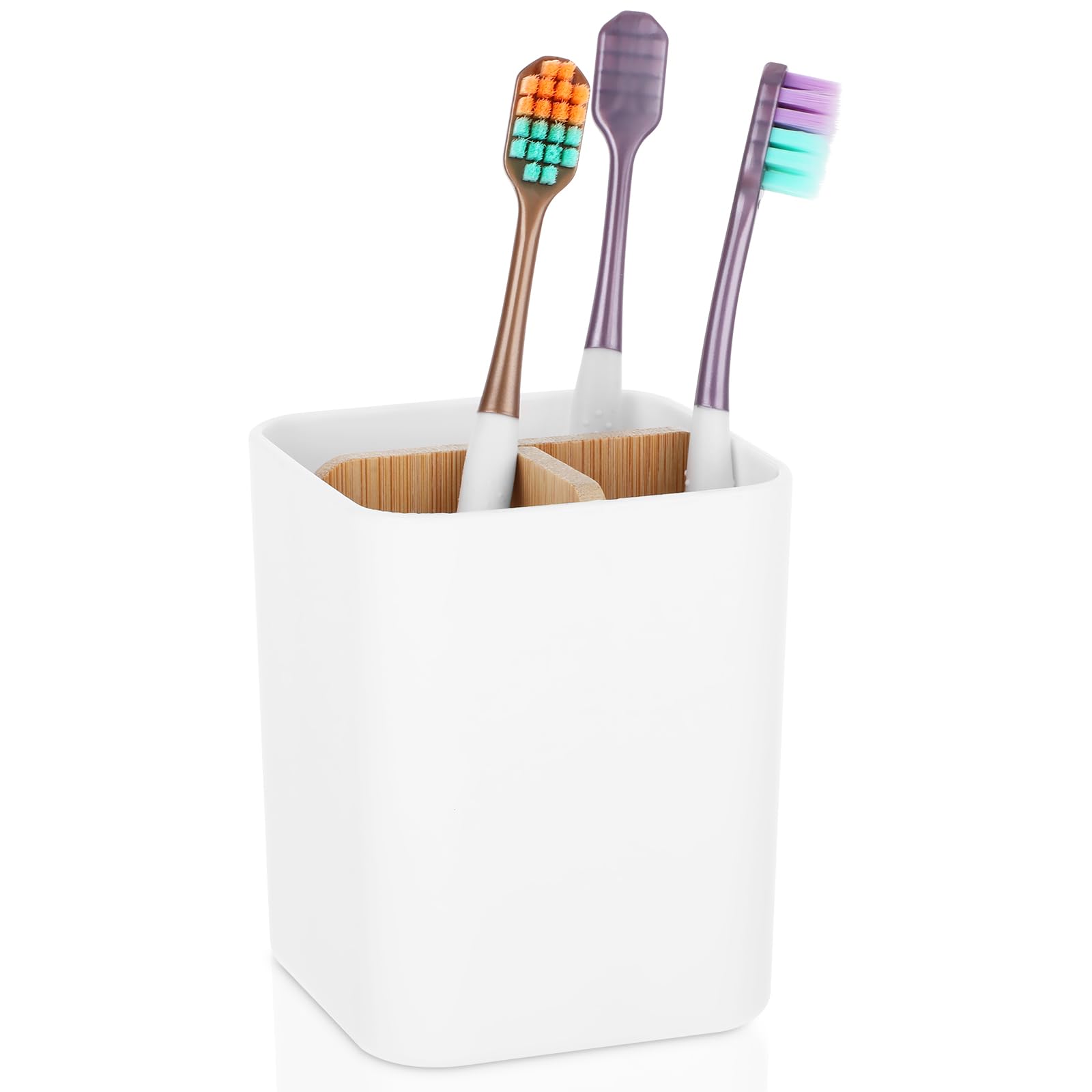 COMNICO 3 Slot Toothbrush Holders with Bamboo Divider Plastic Anti-Slip Tooth Brush Caddy Storage Cup Drainage, Family Bathroom Countertop Organizers (White)
