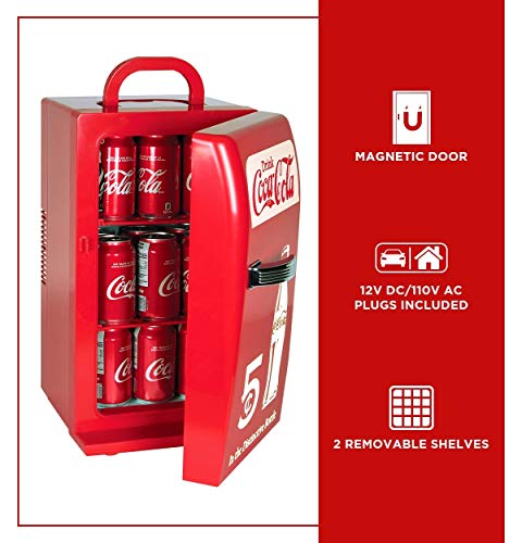 Coca-Cola Retro 18 Can Mini Fridge w/ 12V DC and 110V AC Cords, 22L (23 qt), Portable Cooler, Red, Travel Fridge for Drinks, Snacks, Lunch, Home, Office, Dorm Room, RV