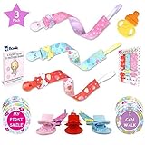 Pacifier Clip Girl Premium 3Pk Bundle - Bonus 12 Milestone Stickers, Silicone Soothie Teether & Teething eBook - 2 Sided Binky Holder - Fits Mam, Nuk, Tommee Tippee, Bibs & Toys-Best Baby Shower Gift