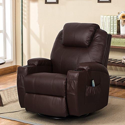 Unionline Bonded Leather Massage Cinema Recliner Sofa Chair Armchair 360 Degree Swivel Rocking With Heating Function Cup Holder (Brown)