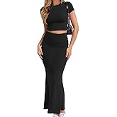 CHYRII Womens Two Piece Sets Short Sleeve Crewneck Cropped Top Bodycon Fold Over Maxi Skirt Maxi Dress Outfit