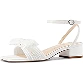 Castamere Women's Bow Knot Heeled Sandals Ankle Strap Buckle Open Square Toe Block Chunky Heels Wedding Dress Bride Fashion 1.4 Inches Heels