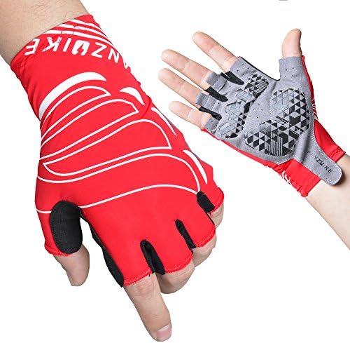 Men Women Bike Cycling Gloves, Breathable Lycra Summer Half Finger Biking Gloves, Anti Slip Shock Absorbing Pading Bike Gloves ,Mountain Road Biking Fanzbike Riding Gloves(Red)