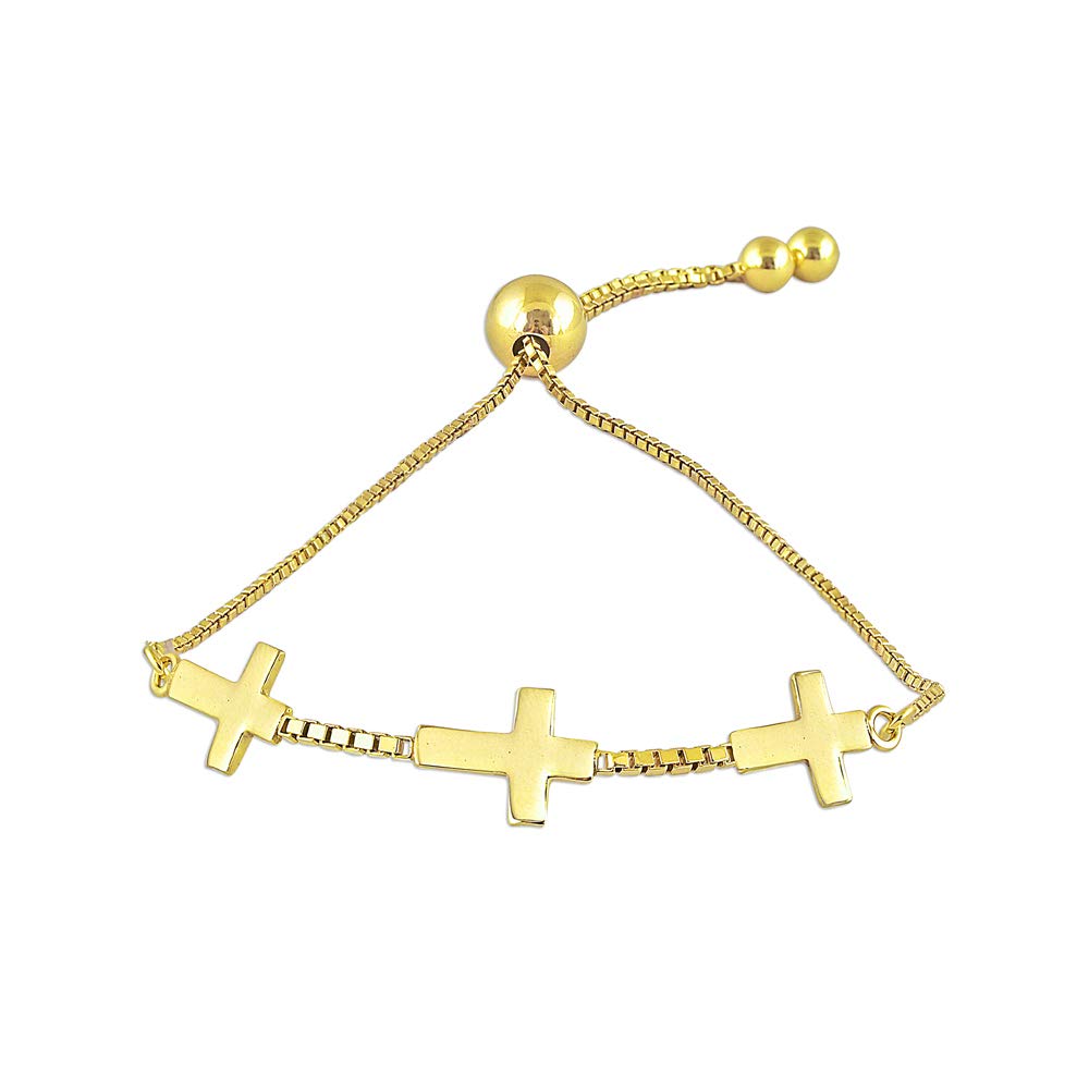 Charmsy 925 Sterling Silver Classic Sterling Silver Jewellery Yellow Gold Three Cross Adjustable Sliding Bolo Bracelet for Women | Adjustable Bracelet Jewellery Gift for Women