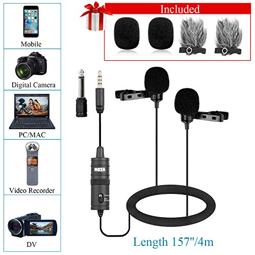 Dual Lavalier Microphone for Smartphone Camera Vlog, 157 Inch/4m BOYA BY-M1DM Dual-Head Lapel Universal Mic with 1/8 Plug Adapter for iPhone 11 X 8 7 Samsung Canon Nikon DSLR Camcorders PC Recorder