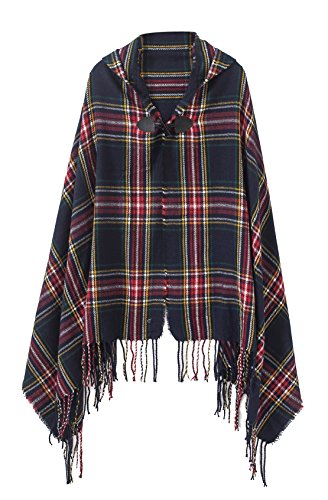 Women s Vintage Plaid Knitted Tassel Poncho Shawl Cape Button Cardigan (One Size, Series 2 Dark blue)