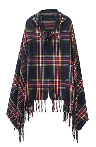 Women's Vintage Plaid Knitted Tassel Poncho Shawl Cape Button Cardigan (One Size, Series 2 Dark blue)