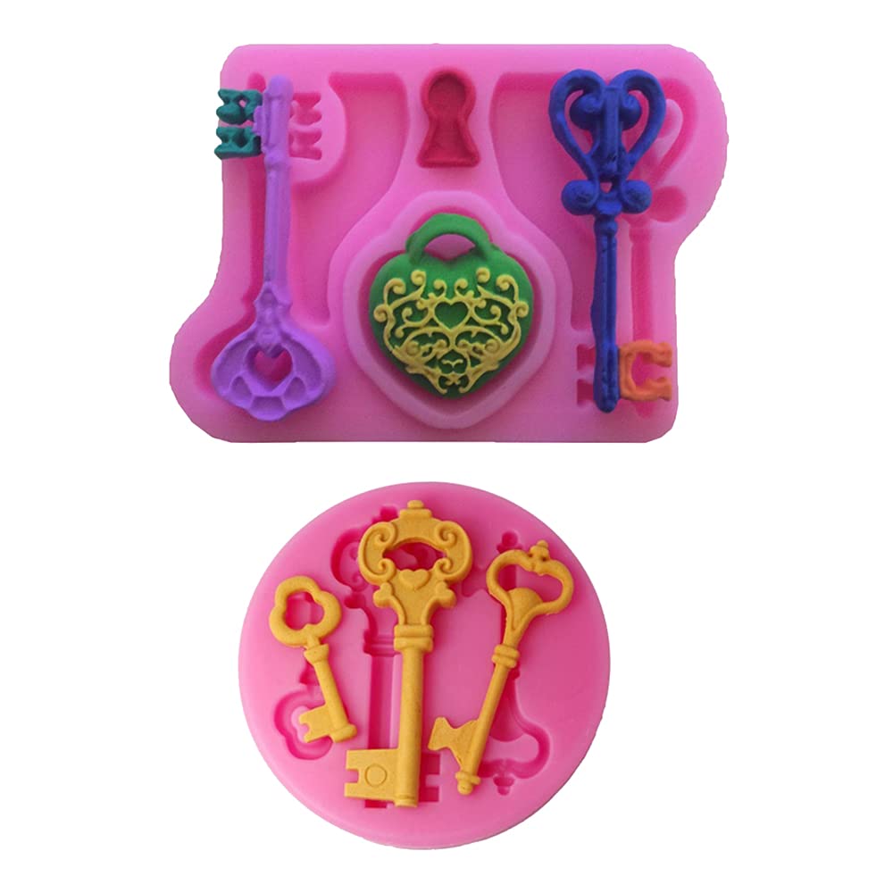 2 Pcs Fondant Mold Keys Moulds Silicone Non Stick Mould Pink Baking Molds for Sugarcraft Cake Decoration Chocolate Pastry Clay Epoxy Resin Crafting Projects.