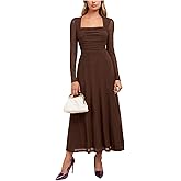 Milumia Women's Square Neck Mesh Long Sleeve Wedding Guest Dress Maxi Cocktail Party Fall Dresses