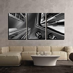 3 Piece Canvas Wall Art - Abstract Futuristic Cityscape View with Modern Skyscrapers and Street Lamp - Modern Home Art Stretched and Framed Ready to Hang - 16"x24"x3 Panels