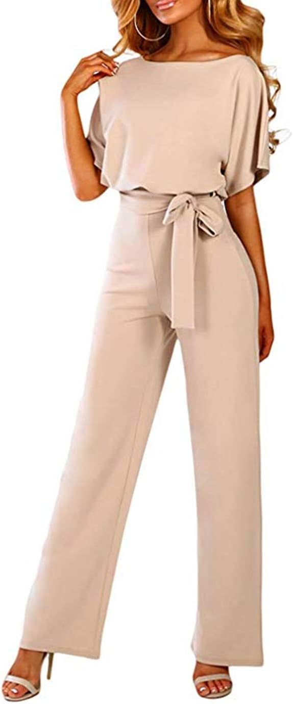 Happyjiu Women Summer Short Sleeve Casual Loose Long Pant Jumpsuits Romper with Belt
